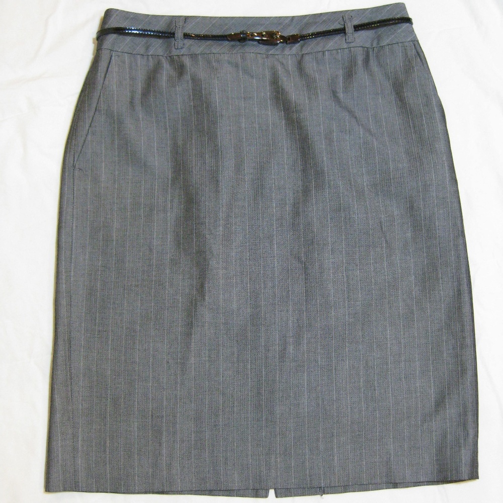 Ann Taylor LOFT Gray Belted Pinstripe Pencil Skirt